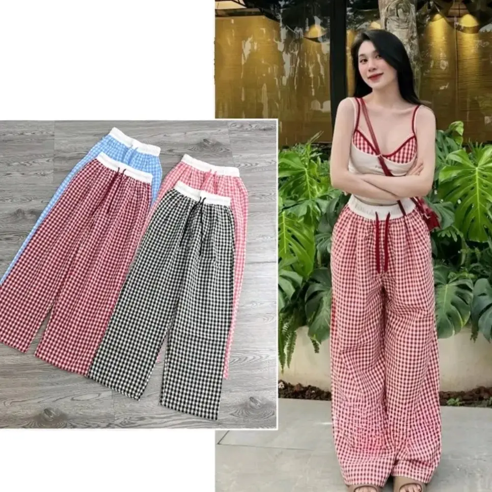 Quần xuông thô kẻ phối cạp trắng mới, chất thô mềm mát dài 98-100cm