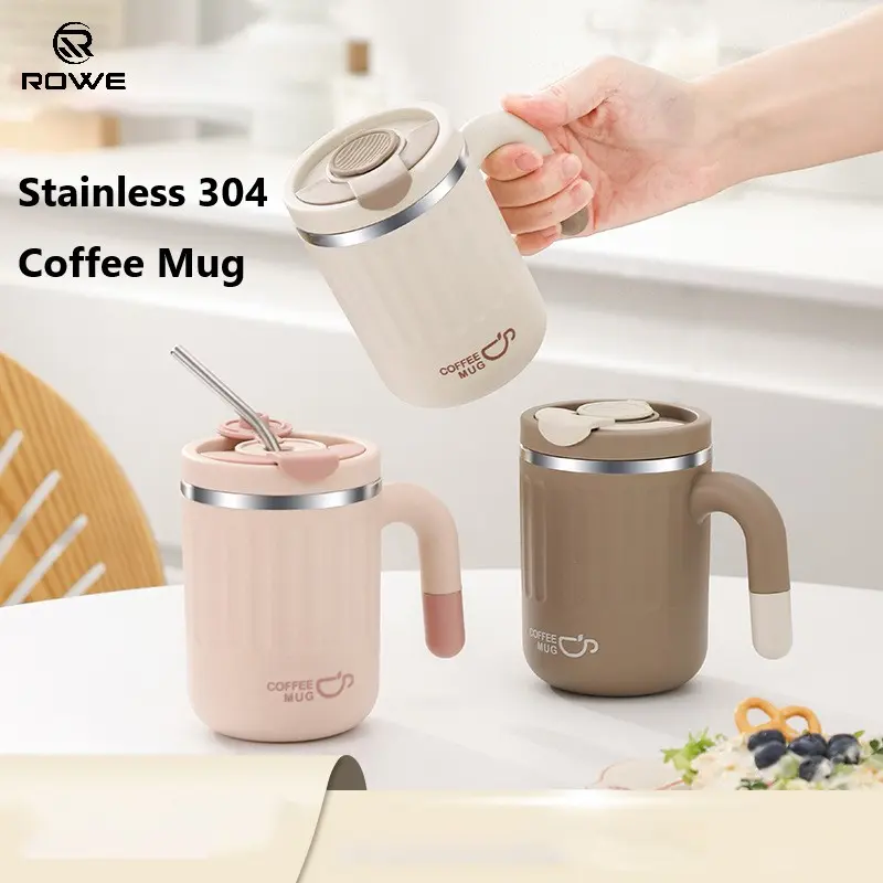 ROWE Stainless Steel Coffee Mug with Cover 480ml  Water Bottles With Straw  Portable Hot Cold Leakproof Tumbler