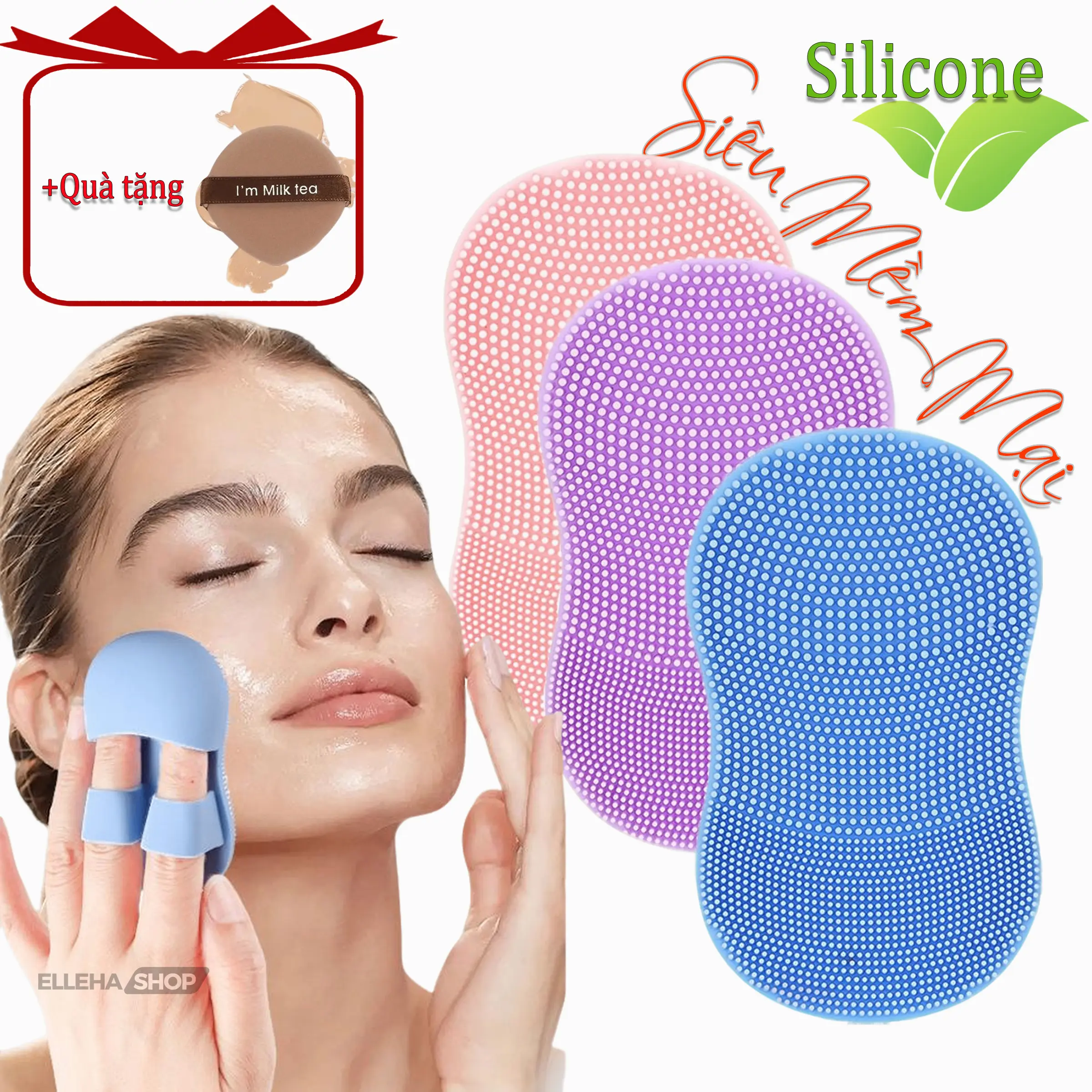 [Silicone MỀM] [BỘ 3 CHIẾC] Miếng rửa mặt silicon, [TẶNG MÚT TRANG ĐIỂM], tiện lợi Chăm Sóc Da ELLEHA Skincare