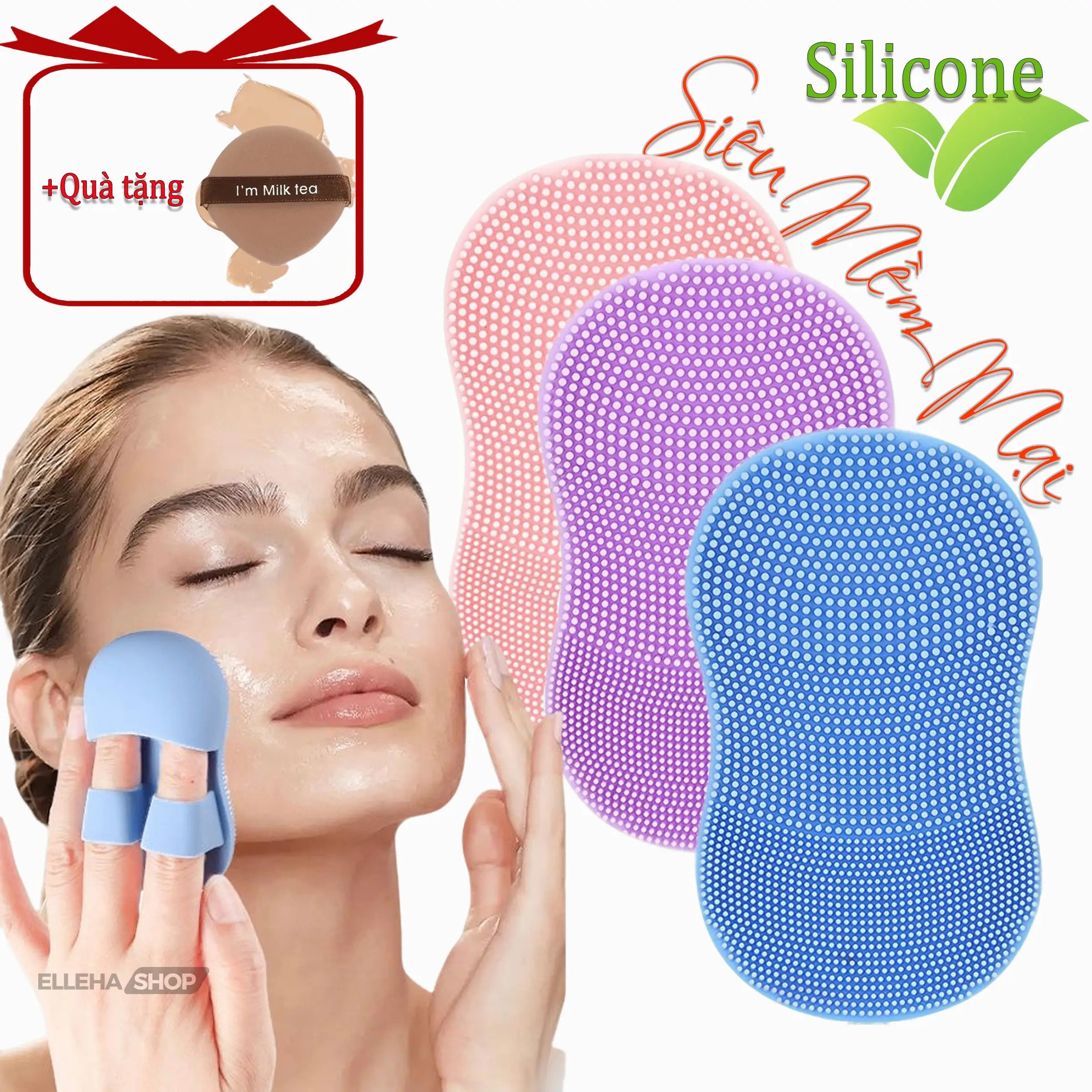 [Silicone MỀM] [BỘ 3 CHIẾC] Miếng rửa mặt silicon, [TẶNG MÚT TRANG ĐIỂM], tiện lợi Chăm Sóc Da ELLEHA Skincare