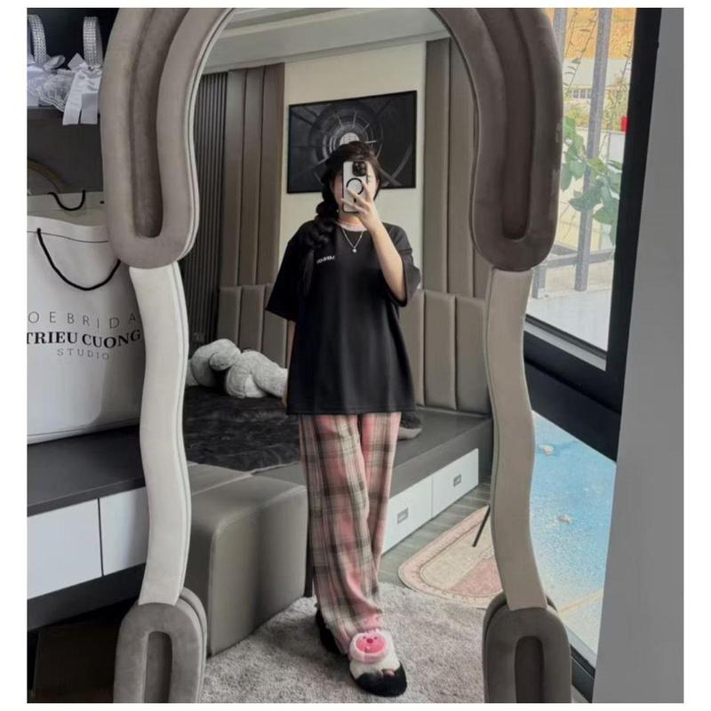 SET BỘ KẺ HỒNG In CHỮ MINMIN ĐEN TRẮNG PHONG CÁCH DỄ THƯƠNG Nữ Women Áo Voi Cotton Top 5