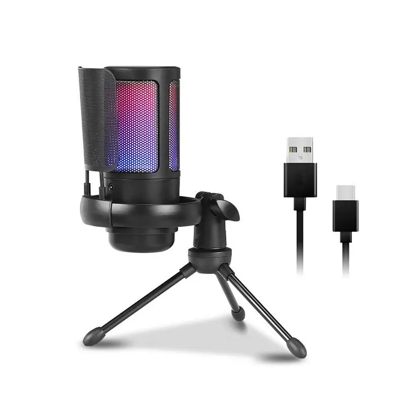 USB Streaming Gaming Mic, USB Plug Computer Microphone with Adjustable RGB Modes & Brightness, Quick Mute, Gain Control, for Podcasting, Recording 0