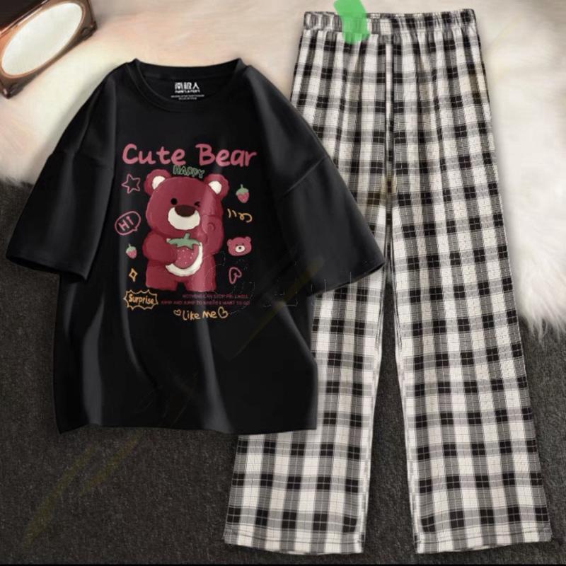 [MIỄN PHÍ SHIP]Sét Áo phông Gấu Cute bearKèm quần kẻ Karo nhiều màu, Áo thun from rộng, Chất đẹp không xù, quần suông ống rộng  DV-Erina cute 8