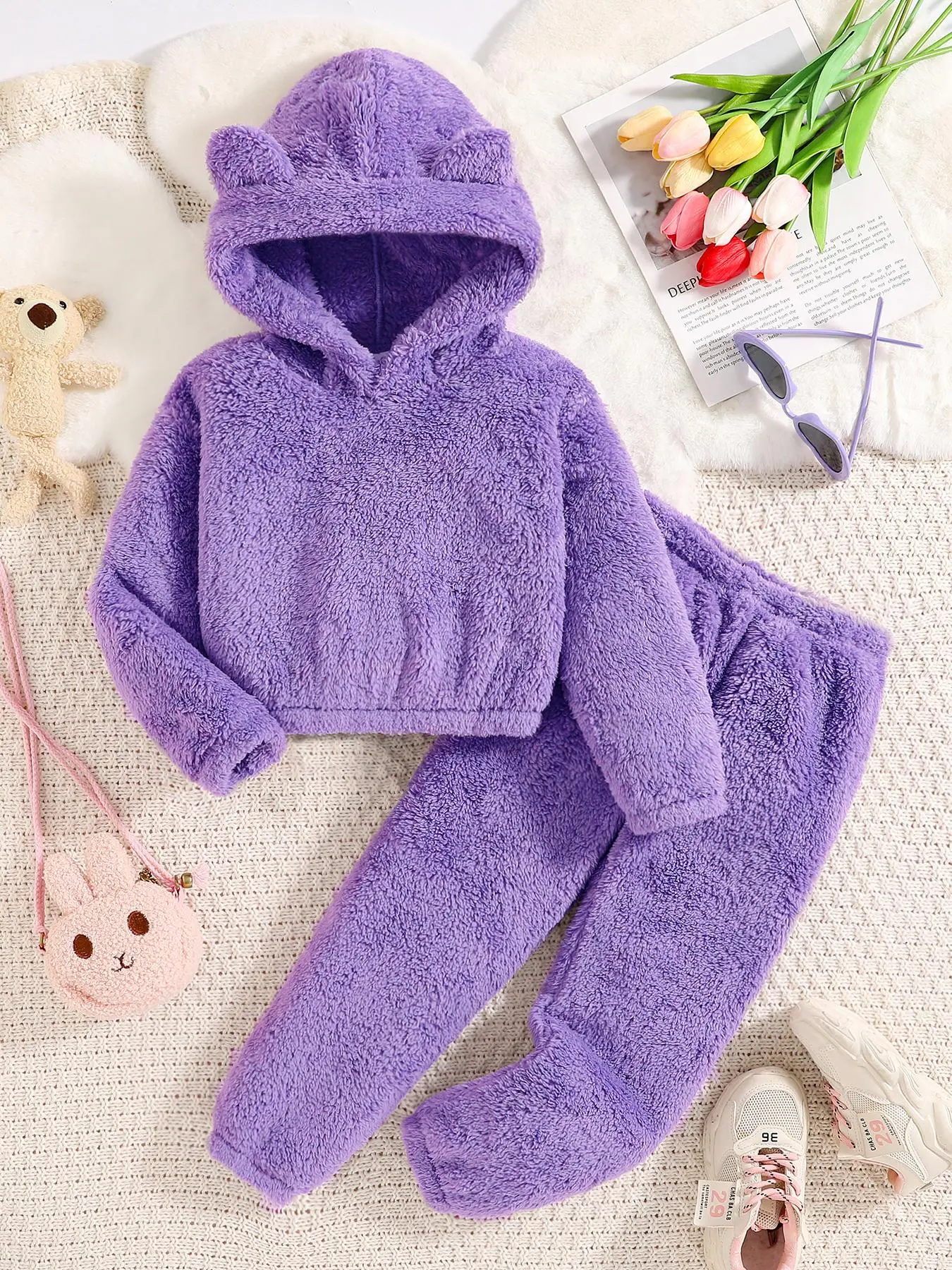 Two-piece Set Girl's Solid Long Sleeve Hoodie & Elastic Waist Pants Set, Casual Soft Comfy Hooded Sweatshirt & Trousers for Fall, Kids Clothes for Daily Wear