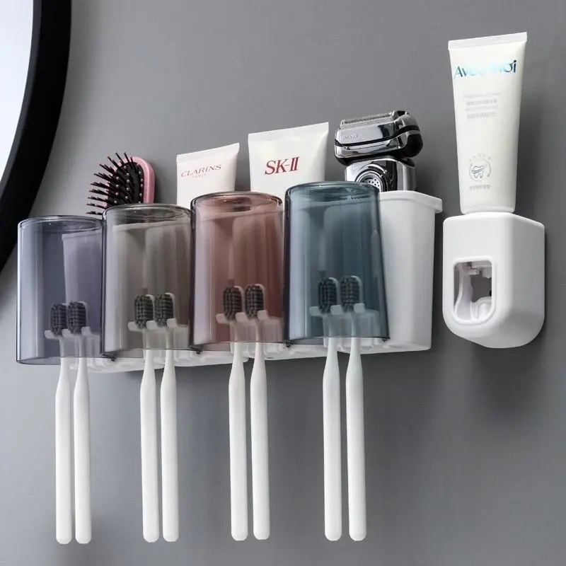 Bộ Nhả Kem Đánh Răng Tự Động Kèm 4 Cốc Dán Tường Cao Cấp 0