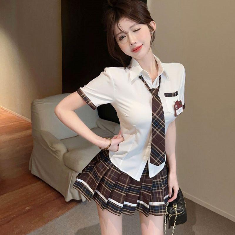 Bộ Đồ Hai Mảnh Đồng Phục JK, Độc Đáo Phong Cách Học Viện Người Nổi Tiếng Trên Internet, Trẻ Trung, Áo Sơ Mi Buộc Dây ngắn Tay Bó Eo, Váy Xếp Ly Dễ Phối Đồ 1