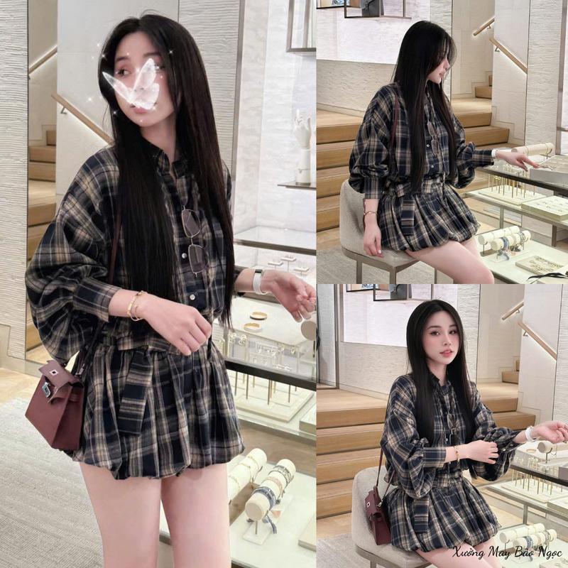 Set Đồ Nữ - Áo Dạ Kẻ Caro Dài Tay Mix Chân Váy Bí Có Quần Bảo Hộ Mẫu Hot2025 Xinh Mê Nè Xưởng May Bảo Ngọc