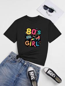 ImprinTee Women's Figure & Letter Print Round Neck Graphic Tee, Vintage Trendy Casual Short Sleeve T-shirt For Daily Wear, Ladies All Seasons Outfit