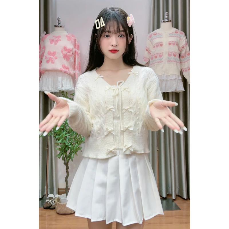 (HÀNG QC) (KÈM ÁO 2 DÂY) Set Áo len kiểu nữ chất dệt kim họa tiết đính nơ kèm áo 2 dây dài tay form vừa 4 màu Hàn Quốc Kozoda AL448 Women Kem