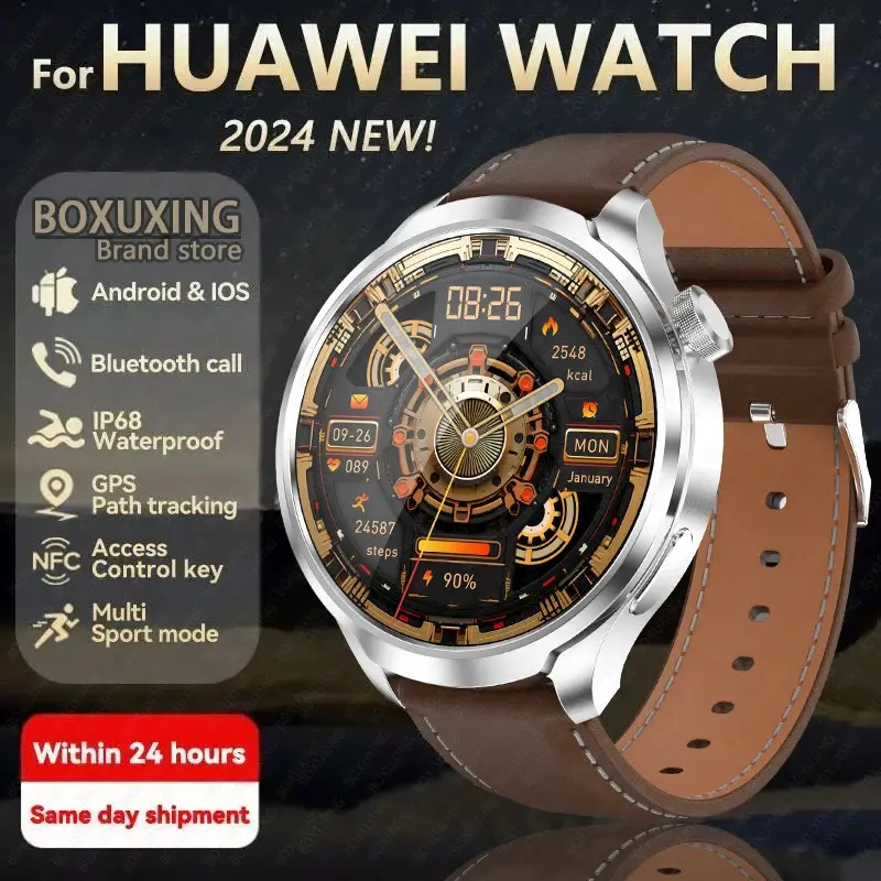 HUAWEI สมาร์ทวอทช์สำหรับกีฬากลางแจ้ง, หน้าจอ AMOLED, NFC, เข้ากันได้กับ GPS และเข็มทิศ, กันน้ำด้วยหัวใจ, รองรับการโทรด้วยบลูทูธ, มาใหม่ในปี 2024