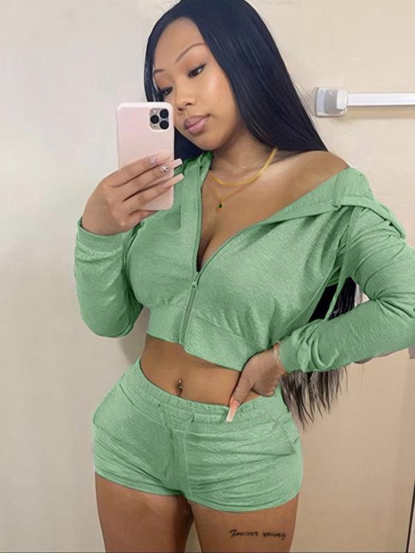 Two-Piece Set Women's Solid Zip Up Crop Hoodie & Drawstring Waist Shorts Set, Long Sleeve Cropped Hooded Top & Pocket Track Shorts, Casual Spring & Fall Clothes for Outdoor 3