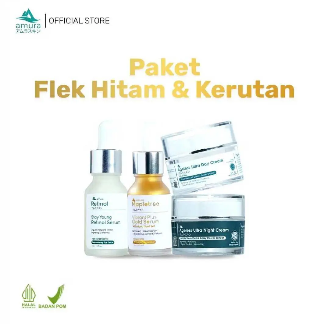 4 IN 1 PROMO PAKET CREAM AMURA SIANG & MALAM (FREE SERUM RETINOL & SERUM GOLD)
