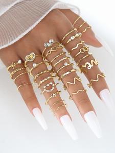 Set de anillos de estilos variados, 28 piezas con elegante decoración de circonia artificial y perla falsa, Set de anillos exquisito y moderno, Joyería a la moda para mujeres como regalo