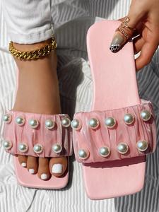 Women's Fashionable Faux Pearl Decorated Ruched Slides, Casual Comfortable Flat Slippers for Summer, Lightweight Breathable Square Toe Shoes for Daily