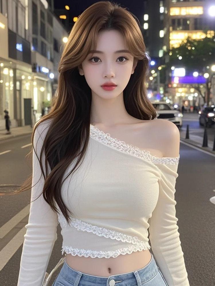 Product Introduction of Áo Thun Tay Áo, Phong Cách Cô Gái Nóng Bỏng, Cổ Áo Chéo, Khâu Ren, Dành Cho Nữ, Hàng Mới Về, Thiết Kế Dễ Thương Và Gợi Cảm, Kiểu Trễ Vai Thanh Lịch, Mỏng Vừa Vặn, Áo Ngắn Top Women 2