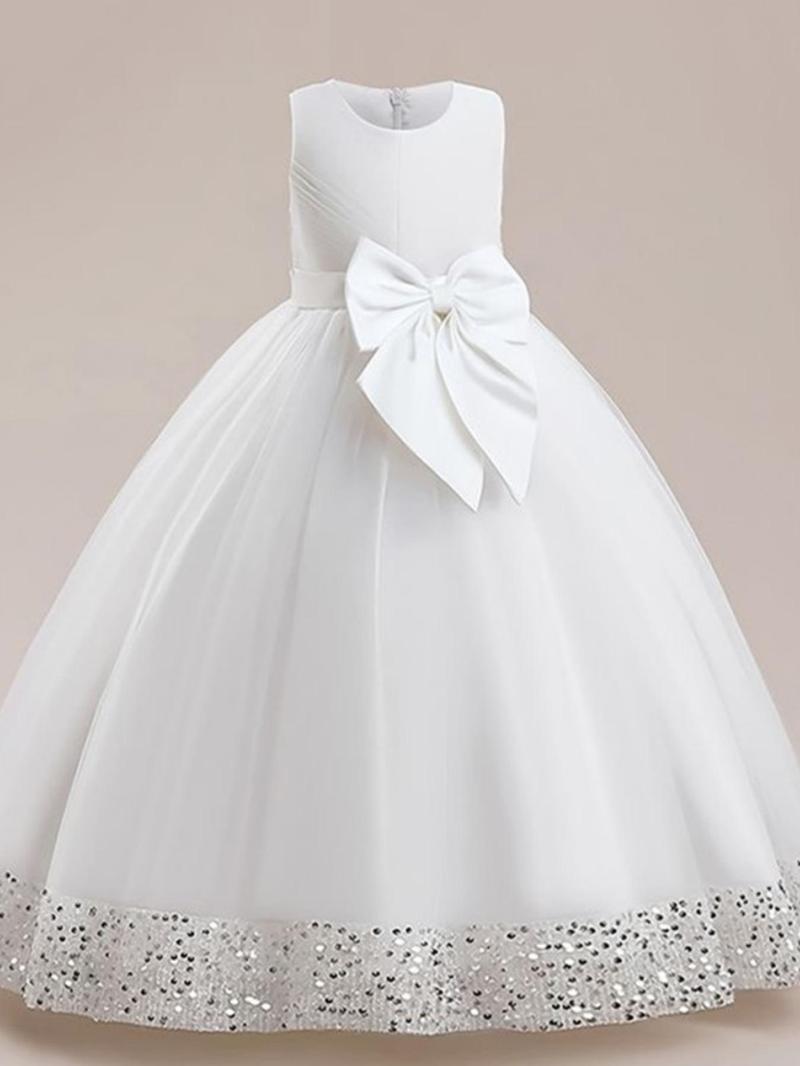 Product Introduction of Girl's Big Bow Decor Sleeveless Sequins Party Dress, Elegant Round Neck Fit & Flare Dress for Wedding Party, Kids Clothes for All Seasons, Girl Clothes 9