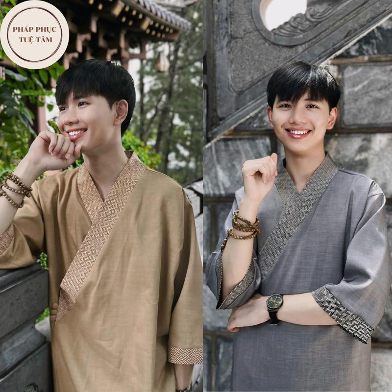 Pháp Phục đi chùa cho nam chất liệu đũi lạnh cao cấp vạt chéo phối viền thanh lịch trẻ trung - Tuệ Tâm Áo Menswear