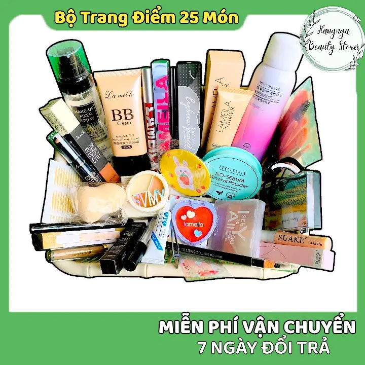 Bộ trang điểm đầy đủ 25 món gồm xịt khoá nền, kem nền, phấn phủ, phấn mắt, phấn má, che khuyết điểm, kẻ mắt.. đầy đủ như hình