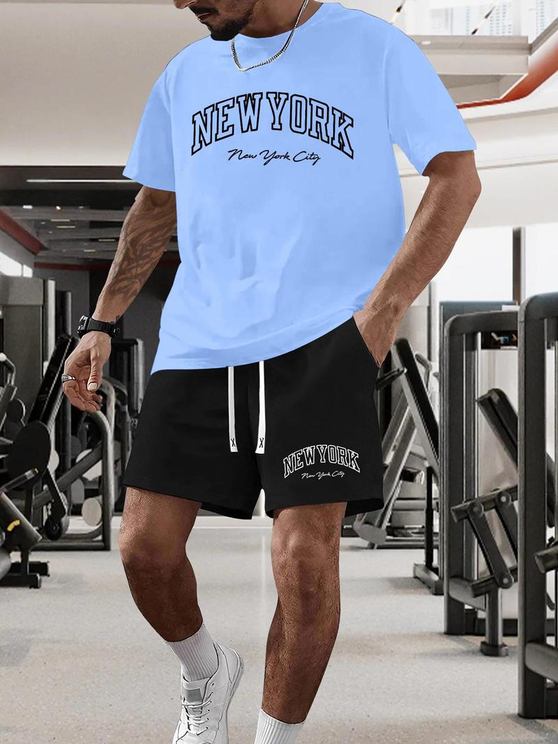 Product Introduction of Men's New York Print Short Sleeve Tee & Shorts Set, Regular Fit Casual Round Neck T-shirt & Track Shorts, Summer Clothes Set for Men 3