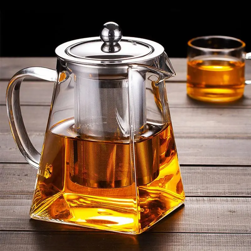 Glass Tea Pot with Removable Stainless Steel Filter & Handle, Clear Square Tea Pot & Tea Cup Set, Tea Making Tool for Home Office Use, Home Accessories, Kitchen Accessories 6
