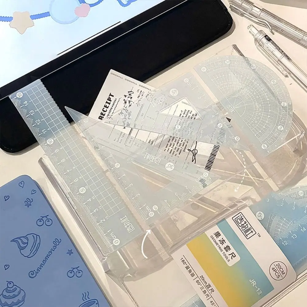 4PCS/Set High Quality 15/20CM Jelly Ruler Set Transparent Measuring Stationery Set Square Thickened Protractor Boys/Girls