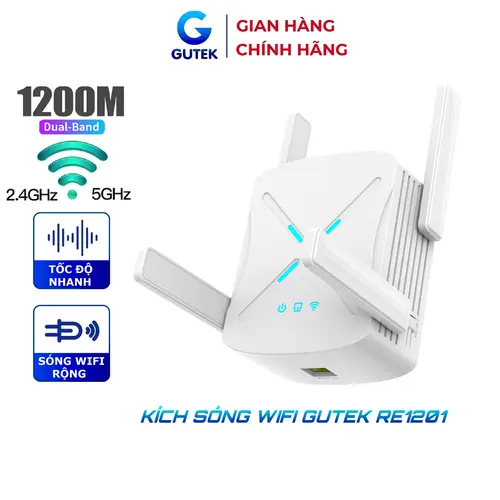 Bộ kích sóng wifi 5G 4 râu Gutek RE1201 tốc độ 1200mbps phát xuyên tường kết nối xa sóng mạnh