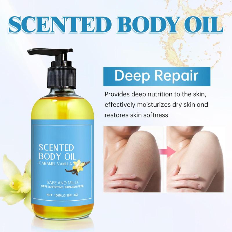 Product Introduction of Caramel Vanilla Scented Body Oil, 2 Counts Natural Moisturizing Body Massage Essential Oil, Hydrating Body Care Products for Women 4