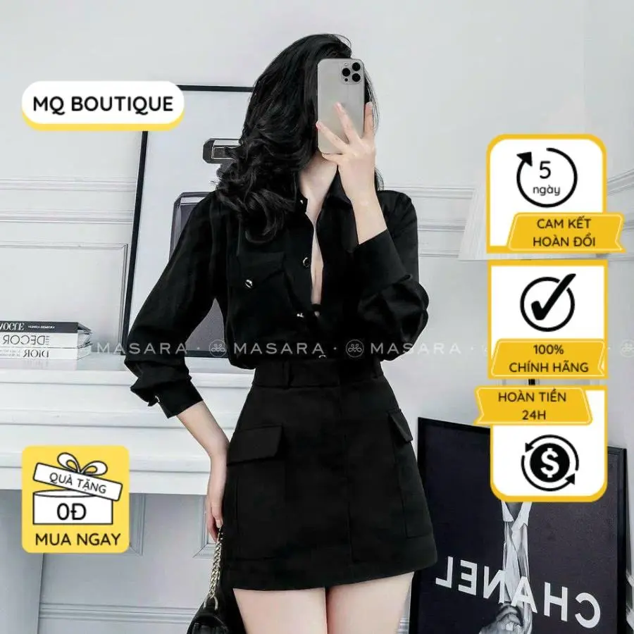 Áo sơ mi nữ lụa tay dài trơn đen khuy vàng có túi ngực thiết kế sang trọng cao cấp, áo sơmi thiết kế MQ Boutique