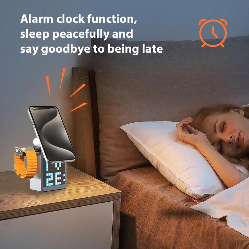 3 in 1 Wireless Charging Station, Multifunctional Wireless Charger with Bluetooth-compatible Speaker Alarm Clock, Fast Charging Station for iPhone 16 15 6