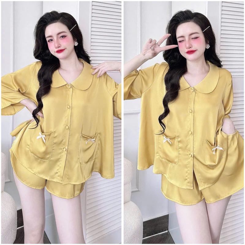 Đồ Ngủ Pijama Lụa HEUN YOUNG Bộ Đồ Pijama Áo Cổ Sen Tay Lửng Quần Đùi Lụa Latin Mềm Mịn Freesize 45-65kg Women Nữ Kem 9