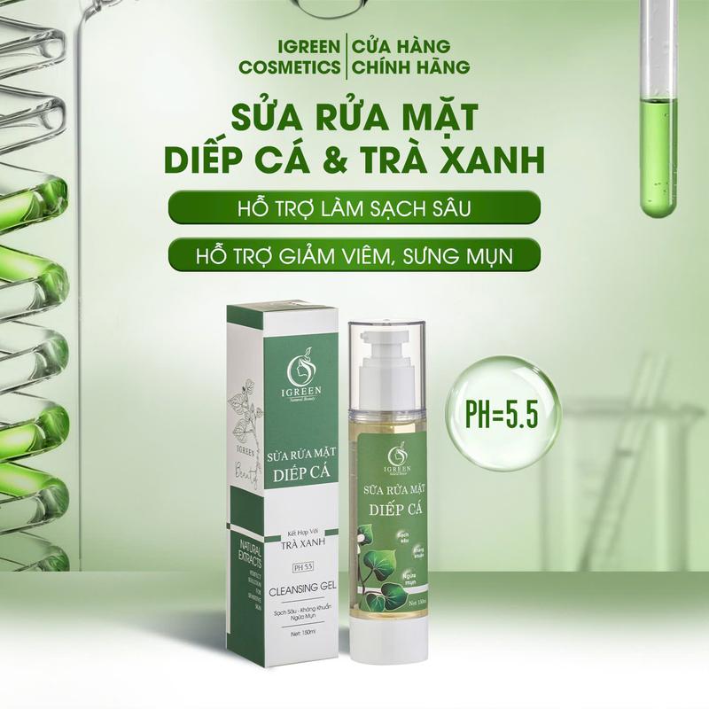  Sữa Rửa Mặt Diếp Cá kết hợp Trà Xanh IGREEN - 150ml - Dạng gel chăm sóc da skincare nam nữ 