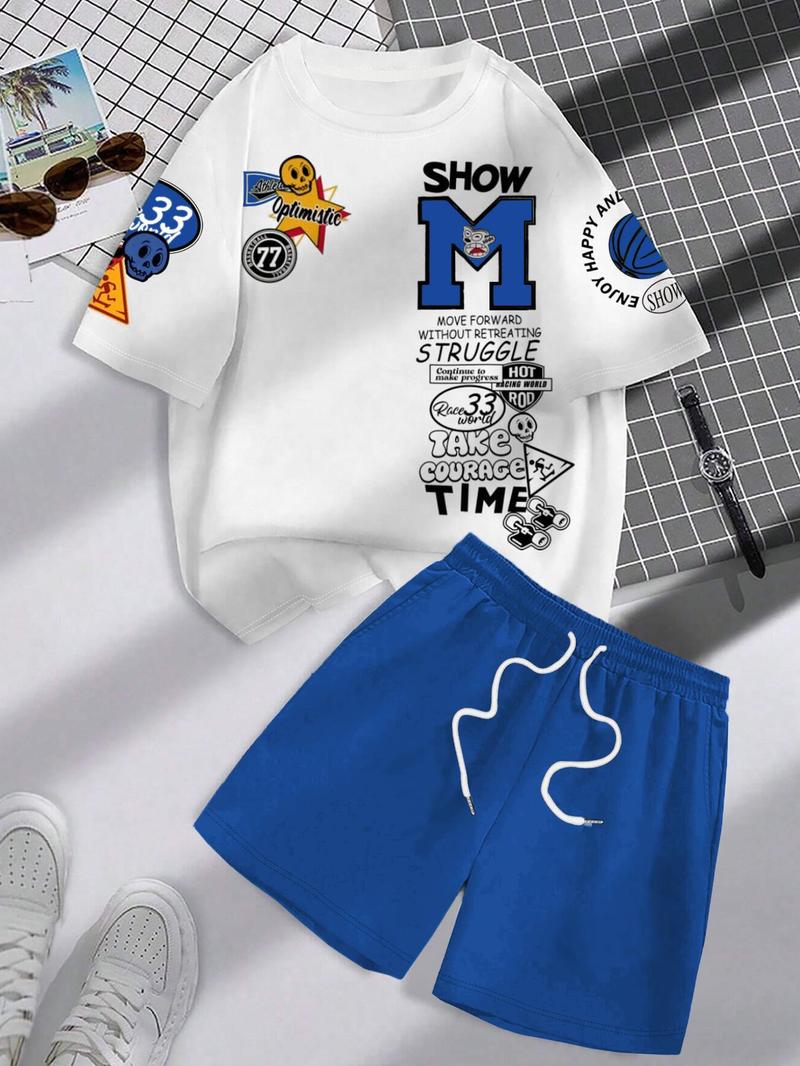 Product Introduction of Men's Letter Print Short Sleeve Tee & Shorts Two-piece Set, Regular Fit Round Neck T-shirt & Track Shorts, Casual Fashion Cozy Breathable Men Two-piece Outfits for All Seasons 2