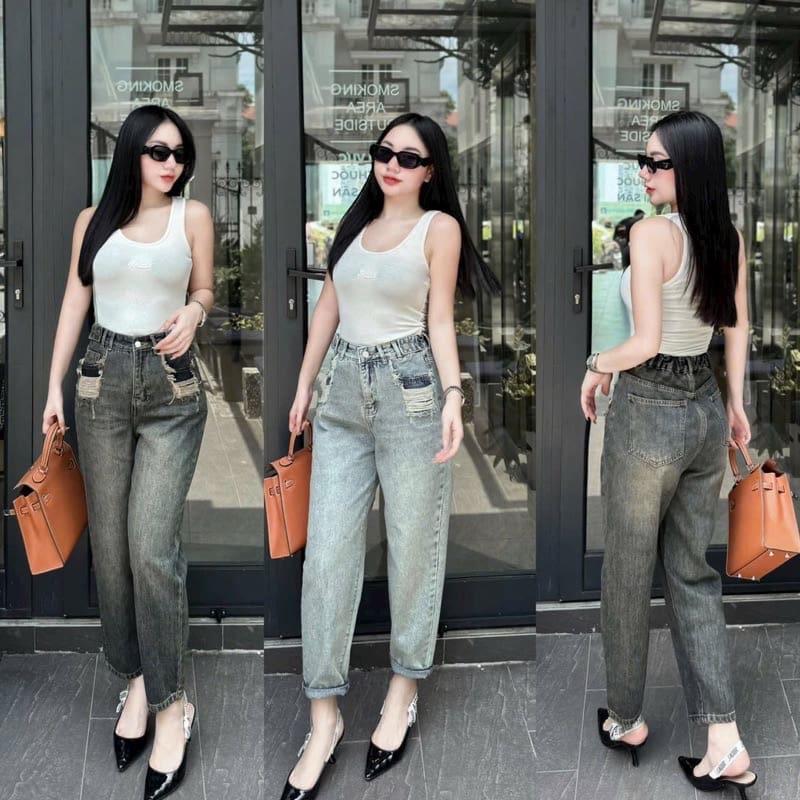 Quần Jeans Baggy Nữ Rách Túi Chun Sau Cạp Cao Hàng QC Dễ Mặc Hàng Ngày Women Denim Lưng Cao Pants