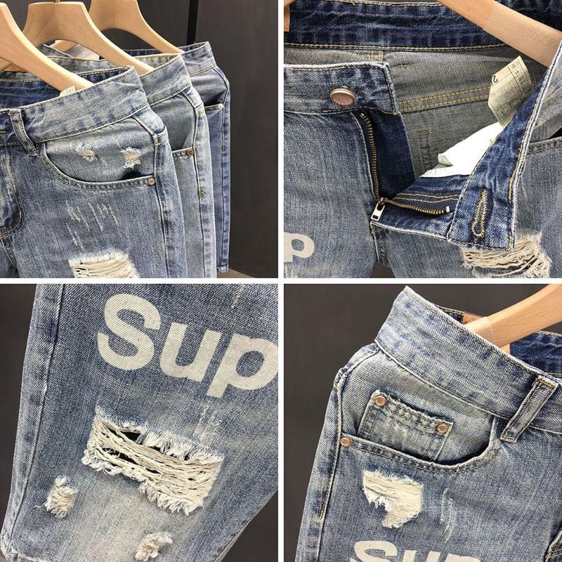 Quần Short Denim Rách, Mỏng Mùa Hè, Dành Cho Nam Giới, Thương Hiệu Thời Trang, Chất Liệu PU, Quần Đẹp Trai, Phong Cách Thẳng Hợp Xu hướng, Dáng Ôm, Dễ Phối Đồ, Quần Cropped 3