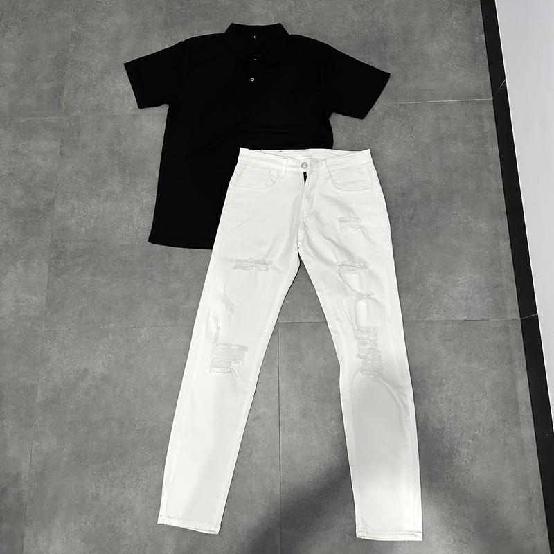 Bộ Quần Jean Trắng + Áo Polo Thun Tổ Ông Menswear Nam Top Có Cổ Shirt Ngắn Tay