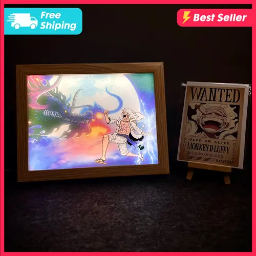Tranh đèn led 3D Luffy Gear 5 vs Kaido 20x26cm trang trí bàn học, bàn làm việc, phòng ngủ, làm quà tặng, hiệu ứng ánh sáng 3 chế độ màu, tặng kèm gói quà tặng 100k (móc khóa, nhãn dán, poster)