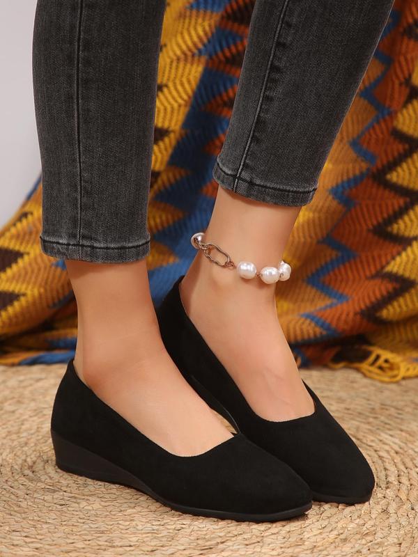 Women's Solid Color Round Toe Wedge Shoes, Fashionable Slip on Wedge Shoes for Daily Wear, Lightweight Breathable Comfortable Shoes for Women & Girls 5