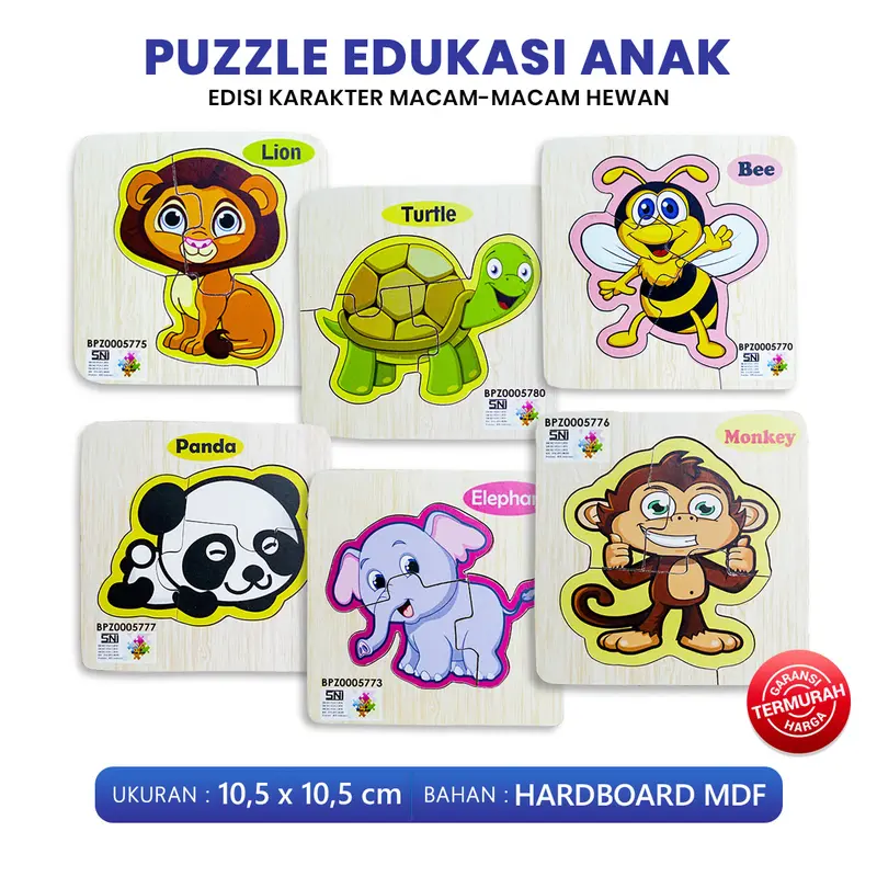 Puzzle Edukasi Anak / Puzzle Kayu / Puzzle Anak Seri Hewan Lion Turtle Bee panda Elephant Monkey Ukuran 10 Bahan MDF / King Puzzle Edukasi - BPZ 0
