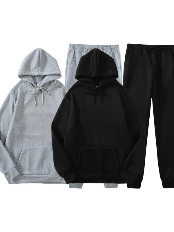Men's Solid Two-piece Outfits, Regular Fit Casual Drop Shoulder Hoodie & Drawstring Sweatpants, Men Outfits for Fall & Winter, Airport Outfit, Matching Sets for Men, Premium Fabric 4