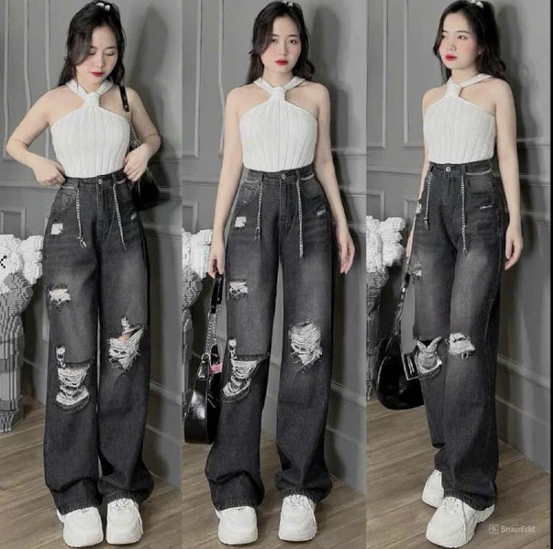 Quần xuông rách 2 bên  cạp cao siêu hách dáng  phong cách Hàn Quốc cá tính đủ size từ 40kg – 55kg Jean Nữ Pants Women