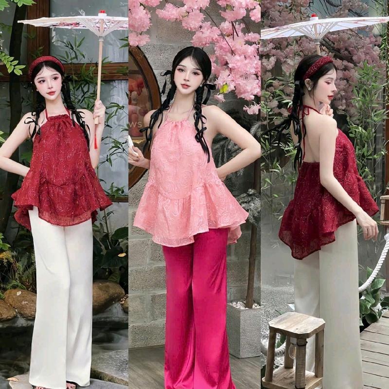 Sét bộ đồ thiết kế áo yếm Nữ chất voan lưới gấm thêu nổi 2 lớp xòe to phối quần dài tuyết mhung ống suông rộng mặc dịp Tết lễ chùa dạo phố chụp ảnh thật xinh  Women