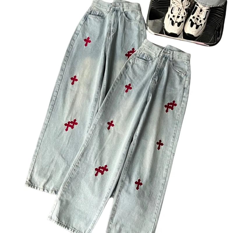 Quần jean ống suông cạp cao thêu hiệu ứng thánh giá xinh mã 5650-51 dài 105cm quần  jeans quan  jean quan  jeansuong