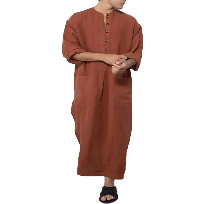 New Southeast Asian Style Men's Loose Striped Stand Collar Door Tube Long Sleeve Fashion Muslim Robe Hoodie Pocket Style Middle Eastern Robe