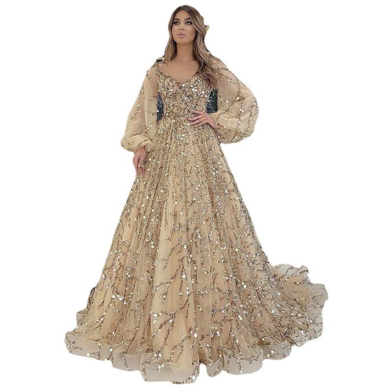 Product Introduction of 2025 new gold heavy industry beads luxury evening dress sexy Cosmopolitan Queen long dress yq7109 6
