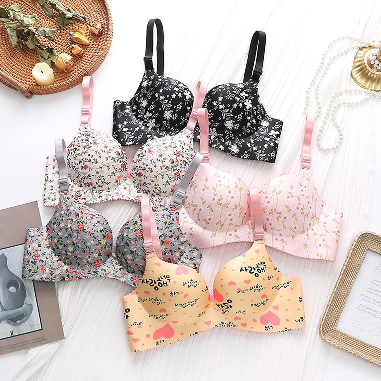 Fw.Q-Printed Seamless Underwear Comfortable Stylish No Underwire Breathable Fabric Gathering Women's Bras