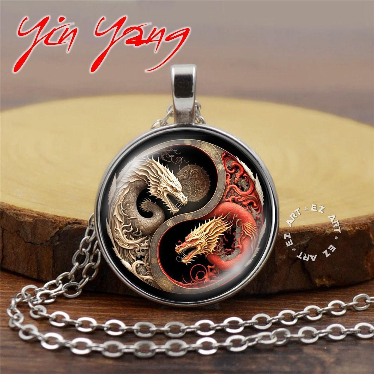Kalung Liontin Yin Yang Art Kaca Cembung Tali Kulit Rantai Stainless Steel