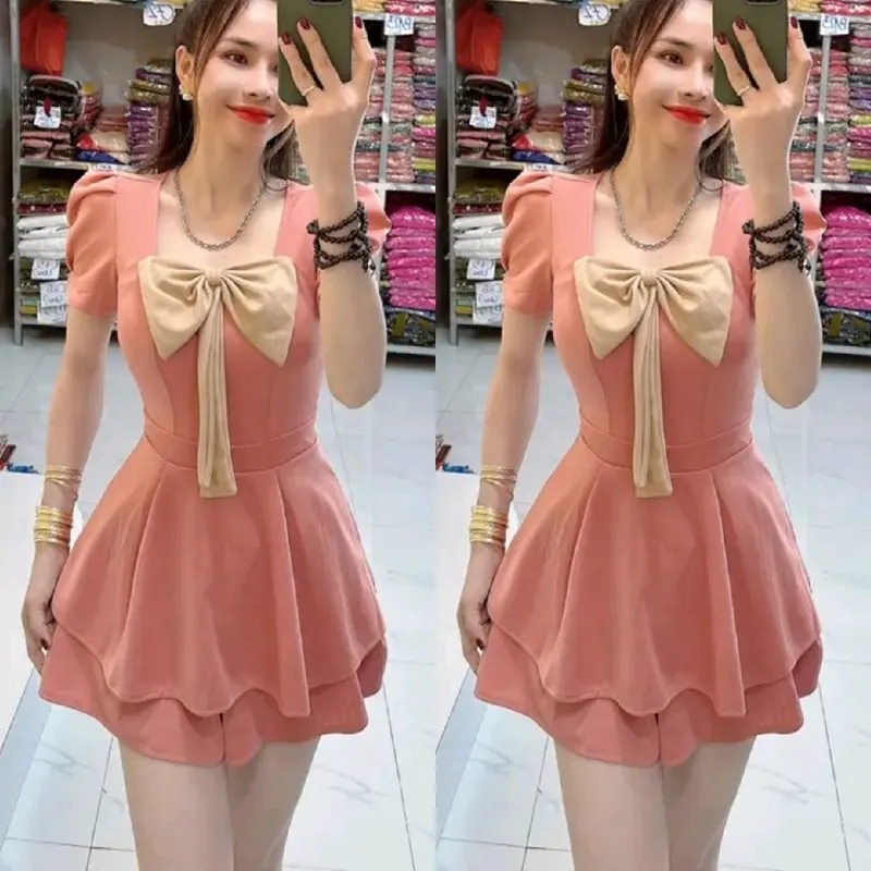 Áo Nữ Kem Voi Đô Bô THUN Cat Hàn Dễ Thương Quần Đùi Đính Nơ Fom 42kg 58kg - Women Dress 6