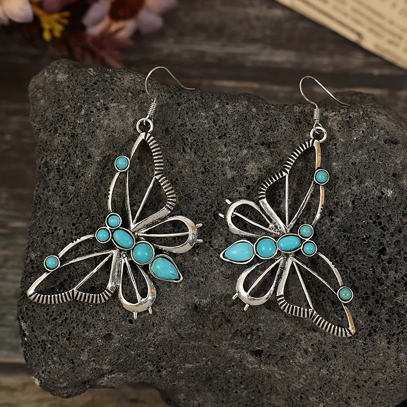 Exquisite Butterfly Design With Hollowed-out Details, Inlaid With Turquoise Pendant Earrings, Vintage Western-style Jewelry Plated With Golden Silvery, A Delicate Gift For Women 2