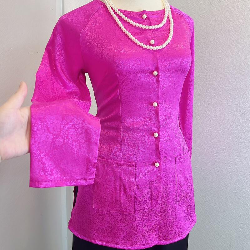 Pháp Phục Hân Nguyễn - B.A107 - Áo Lẻ Bà Ba Gấm Có Túi Tay Dài Cổ Tròn Hoa Cúc Nhí Nữ Top Women Sơ Mi