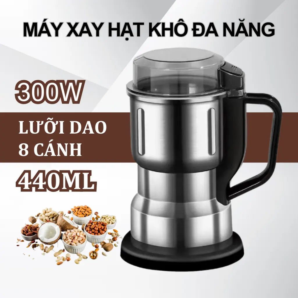 Máy Xay Hạt Khô Siêu Mịn Công Suất 300W 8 Lưỡi Dao Đa Năng Dễ Dàng Nghiền Đồ Khô, Hạt, Gia Vị